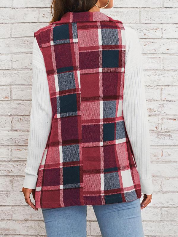 Women's Plaid Print Button Front Vest Blazer, Casual Pocket Lapel Sleeveless Outerwear for Spring & Fall, Ladies Clothes for Daily Wear