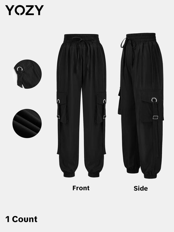YOZY Women's Solid Drawstring Waist Cargo Pants, Casual Grommet Eyelet Design Pocket Trousers for Daily Wear, Ladies Bottoms for All Seasons