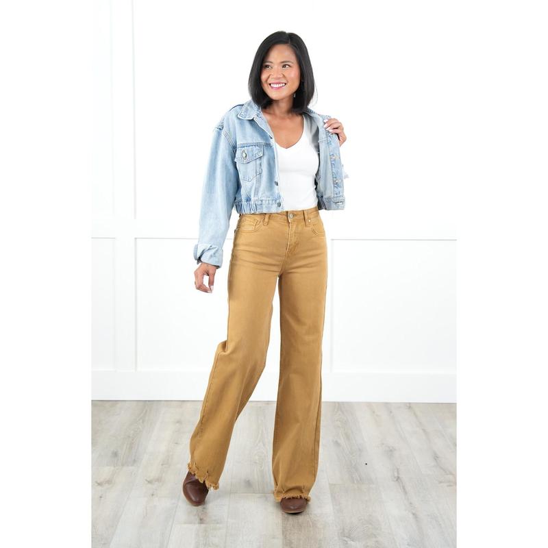 Risen High Rise Khaki Distressed Hem Wide Leg Jeans