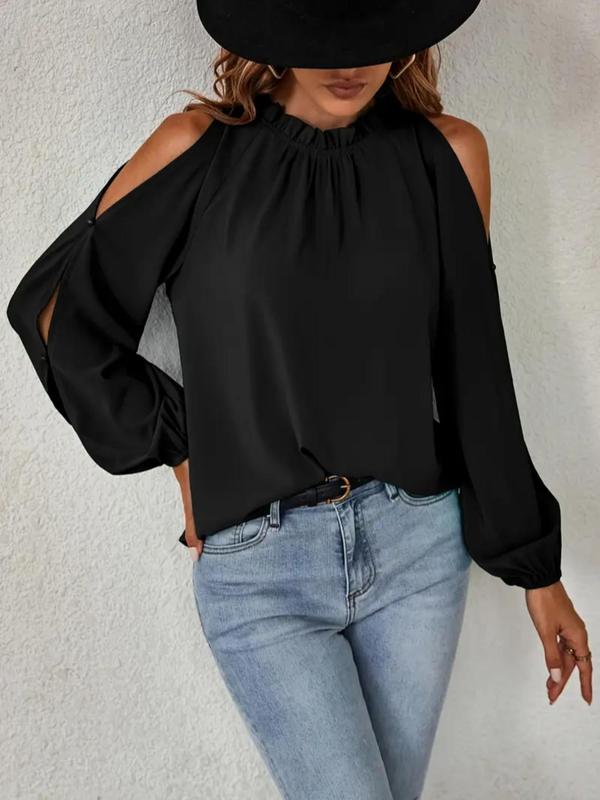 Women's Minimalist Plain Cut out Bishop Sleeve Frill Blouse, Solid Cold Shoulder Longsleeves Top, Casual Long Sleeve Top for Spring & Fall, Comfort Basic Womenswear for Lady