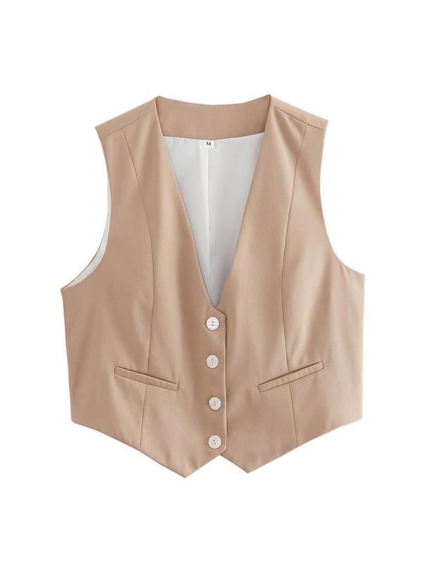 Women's Solid Button Front Pocket V Neck Crop Waistcoat, Lady Minimalist Comfort Short Vest Jacket for Summer Spring Fall, Womenswear Tops, Vest Blazer Women, Elegance Tops