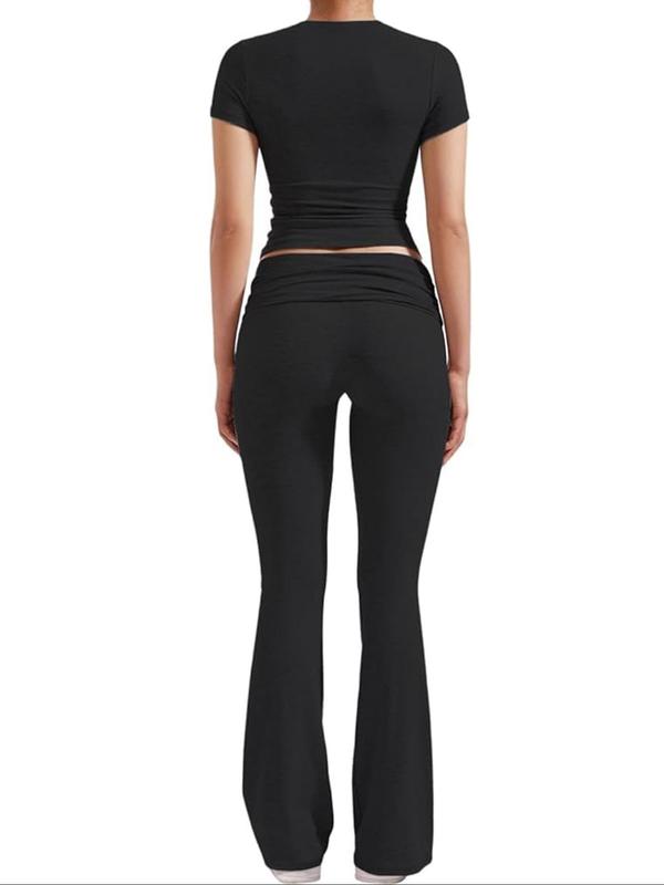 Women's Solid Round Neck Tee & Flare Leg Pants Loungewear Two-piece Set, Casual Comfy Short Sleeve T-shirt & Bell Bottom Trousers PJ Set, Ladies Sleepwear for Spring & Fall