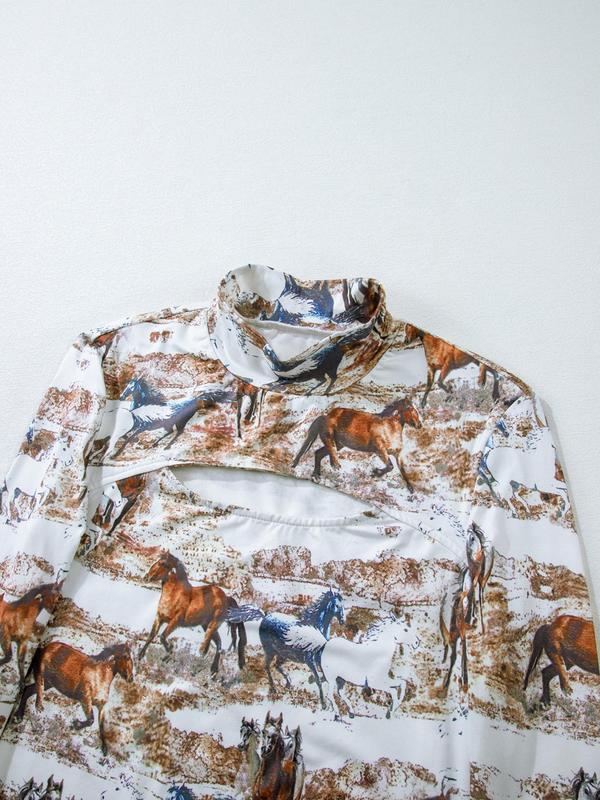 Women's Horse Print Cut Out Mock Neck Tee, Casual Long Sleeve Crop T-Shirt for Spring & Fall, Women's Top for Daily Wear Longsleeves