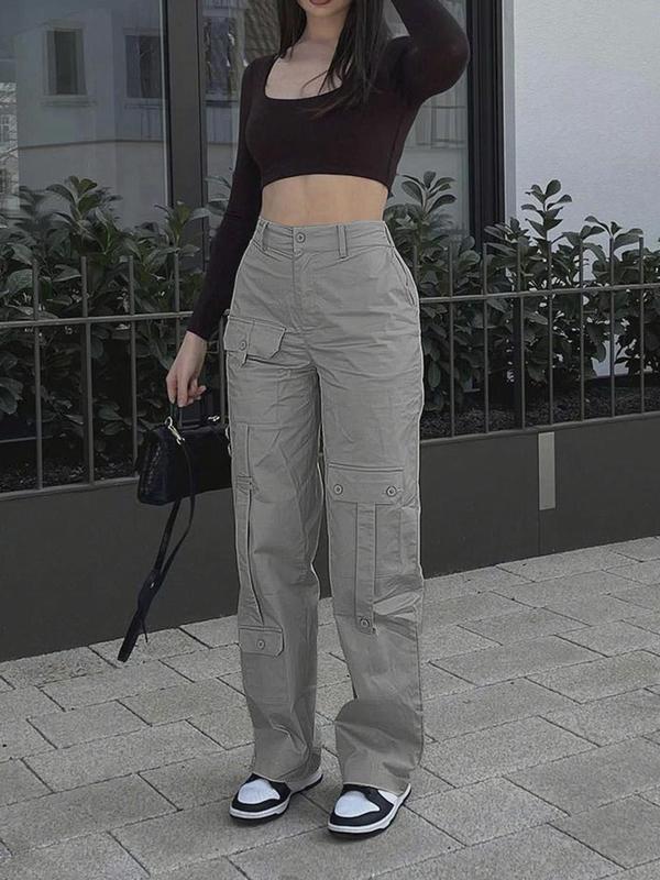 Women's Plain High Waist Flap Pocket Cargo Pants, Street Straight Leg Trousers, Pants for Women, Ladies Summer Bottoms for Daily Wear