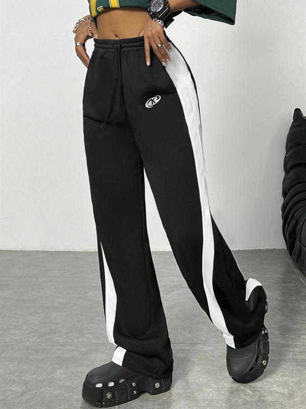 Women's Colorblock Side Stripe Drawstring Waist Straight Leg Pants, Casual Pocket Trousers for Daily Wear, Ladies Bottoms for Fall & Winter,  Comfy Pants