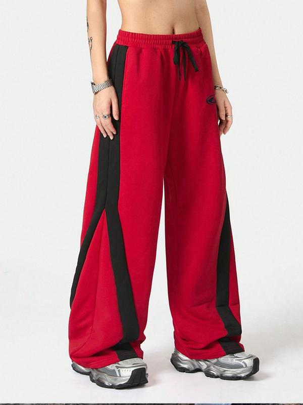 Women's Colorblock Side Stripe Drawstring Waist Straight Leg Pants, Casual Pocket Trousers for Daily Wear, Ladies Bottoms for Fall & Winter,  Comfy Pants