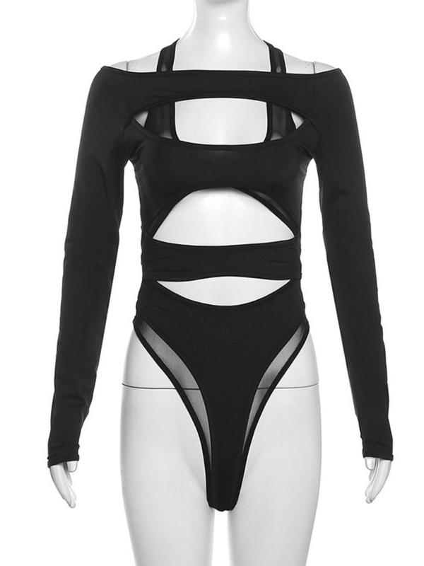 Women's Cut Out Sheer Tulle Bodysuit, Fashion Long Sleeve Bodysuit for Nightclub Music Festival, Women's Clothing for Fall