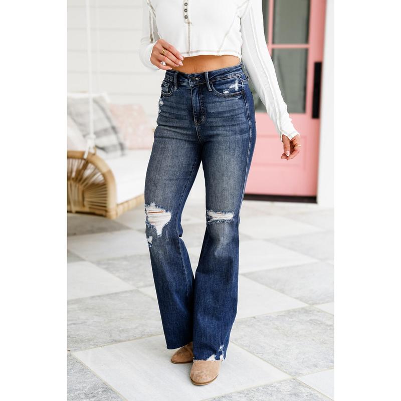 Judy Blue Shake it Off Dark Wash High Rise Tummy Control Destroyed Knee Raw Hem Flare Jeans
