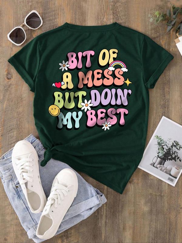 Women's Letter Graphic Round Neck Drop Shoulder Short Sleeve Tee, Summer Clothes Women, Fashion Casual Crew Neck T-Shirt for Daily Holiday Vacation Outdoor Wear, Women Tops for Summer