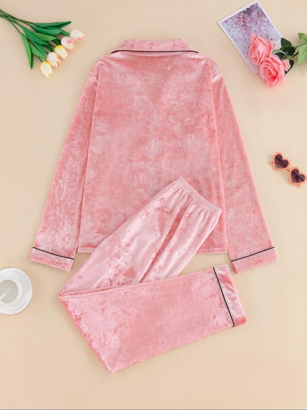 Two-Piece Set Women's Solid Button Front Lapel Shirt & Pants Velvet Pyjama, Long Sleeve Pocket Top & Trousers Set, Women's Sleepwear for Winter