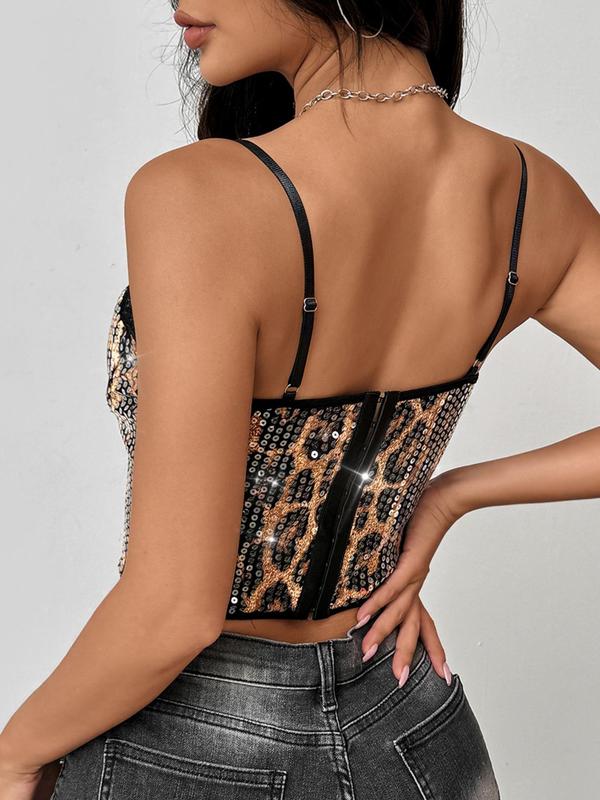 Women's Leopard Print Glitter Sequin Crop Cami Top, Sexy Fashion Adjustable Strap Contrast Lace Camisole for Party Club, Ladies Clothes for All Seasons
