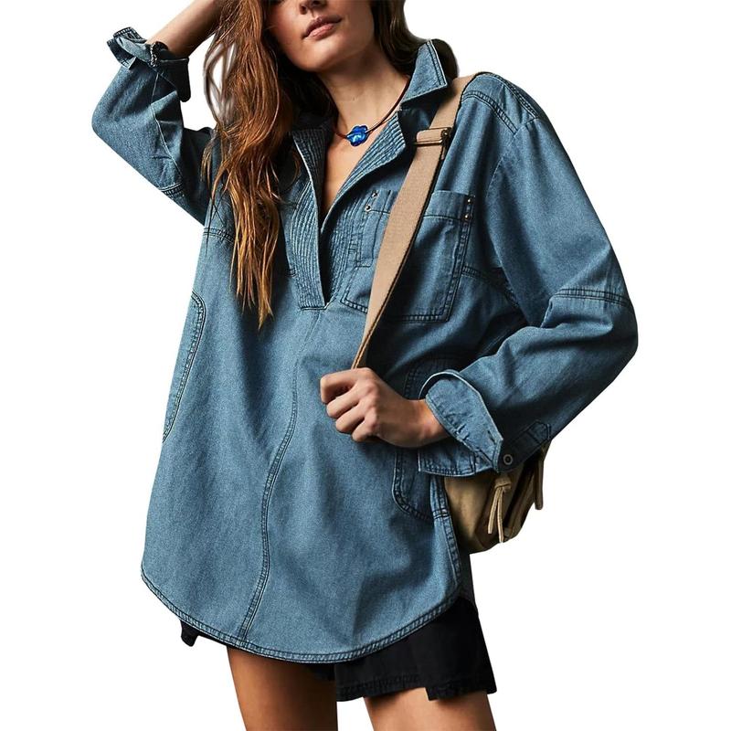 Fisoew S To 2XL Women's Denim Pullover Casual Button V Neck Blouse Loose Fit Long Sleeve Jean Jacket With Pocket Casual Long Sleeve Pocket Jacket