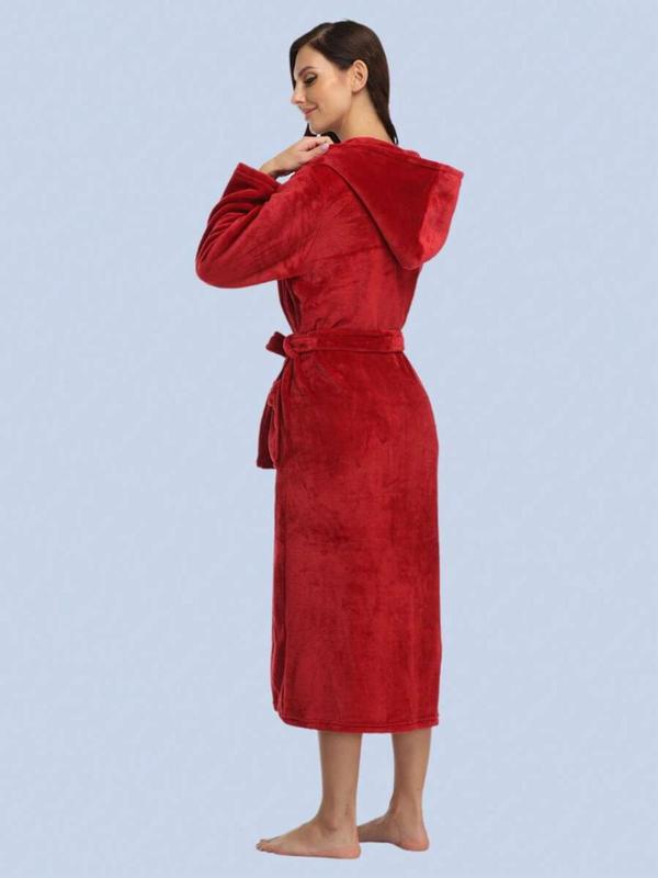 Women's Solid Drop Shoulder Belted Thermal Lined Hooded Lounge Robe, Casual Long Sleeve Pocket Design Bathrobe, Ladies Sleepwear for Fall & Winter