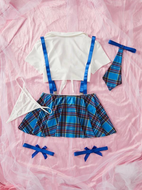  Tartan Print Crop Top & Thong & Bow Tie & Overall Dress & Thigh Ring Set, Sexy Adjustable Strap Lapel Neck Tie Front Lingerie Set, Women's Underwear Set