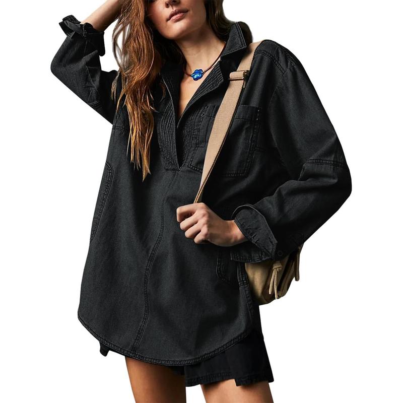 Fisoew S To 2XL Women's Denim Pullover Casual Button V Neck Blouse Loose Fit Long Sleeve Jean Jacket With Pocket Casual Long Sleeve Pocket Jacket