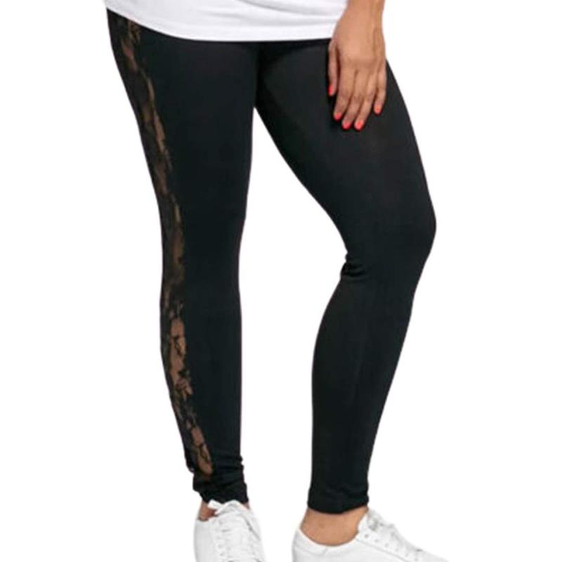 Women Ladies Girls Plus Size Female Holllow Off Lace Leggings, Sexy High Waist Bandage Pants Black Lace Splicing Bottoms for Indoor or Outdoor Sports