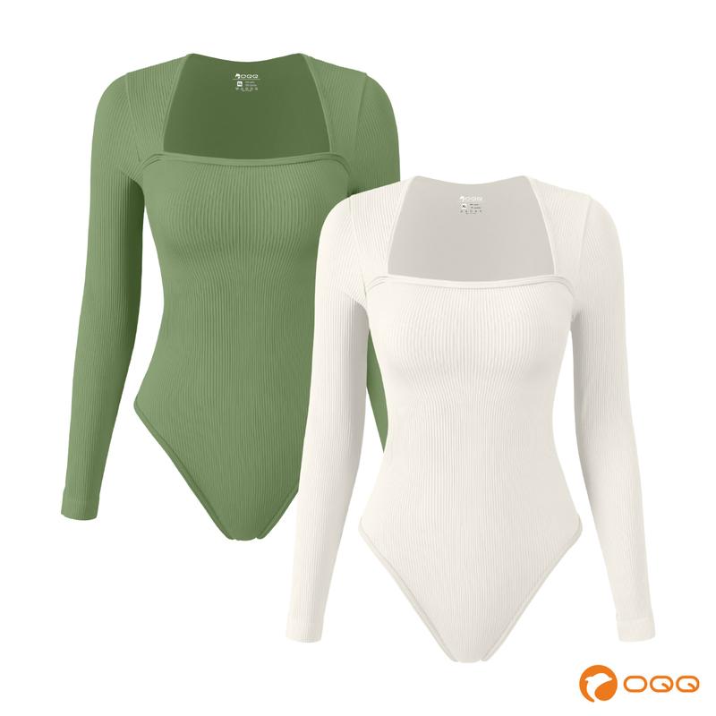 OQQfitness Womenswear Square Neck Elegance Long Sleeve Bodysuit Tops - Elegant Underwear