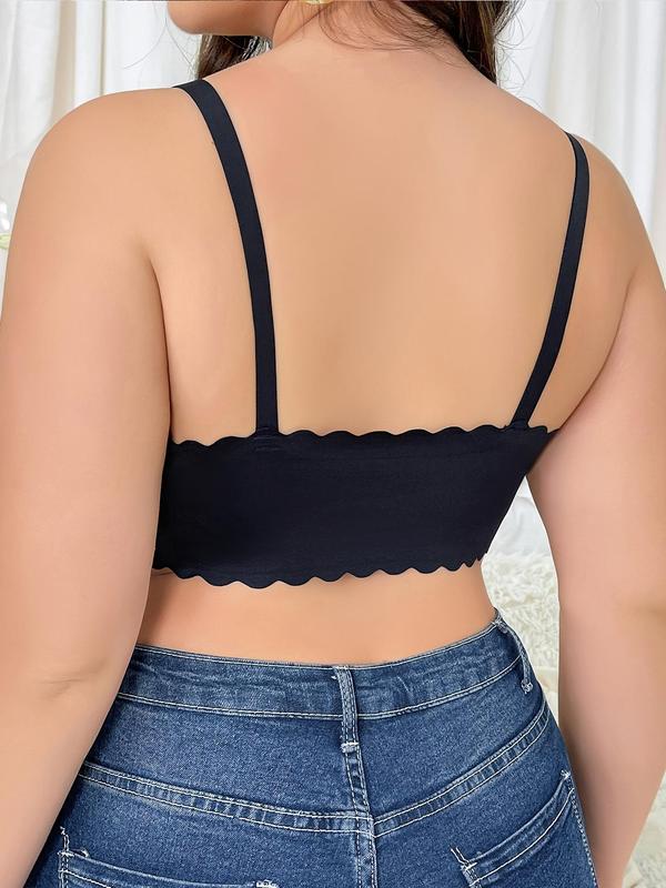Plus Size Solid Scallop Trim Wireless Bra with Removable Pads Design, Adjustable Strap Push Up Bralette, Lingerie for Women, Women's Lingerie for All Seasons