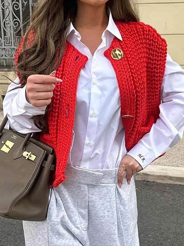 Women's Plain Button Front Pocket Sweater Vest, Casual Sleeveless Round Neck Knitwear for Fall & Winter, Fashion Ladies' Knit Clothing for Daily Wear