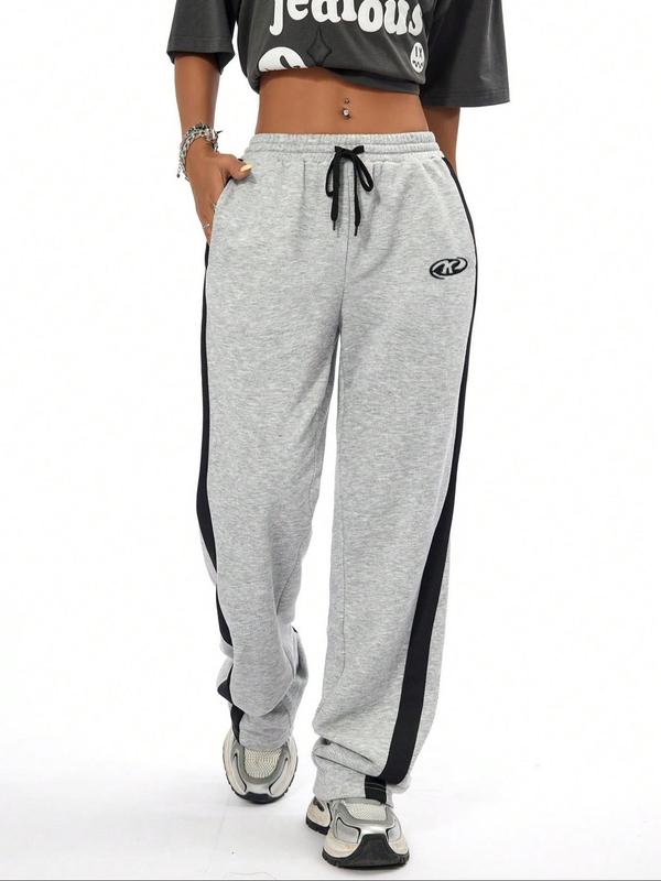 Women's Colorblock Side Stripe Drawstring Waist Straight Leg Pants, Casual Pocket Trousers for Daily Wear, Ladies Bottoms for Fall & Winter,  Comfy Pants