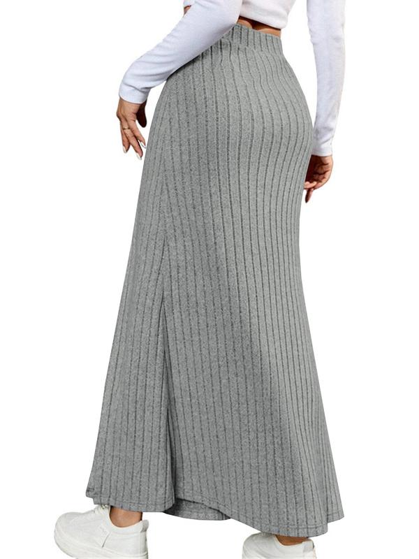Women's Plain Split Thigh Button Decor Ribbed Bodycon Skirt, Casual High Waist Long Skirt for Daily Wear, Ladies Bottoms for All Seasons