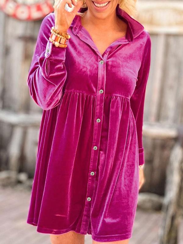 Women's Plain Button Front Collar Velvet Shirt Dress, Casual Long Sleeve Short Dress for Spring & Fall, Women's Casual Wear Clothes for Daily