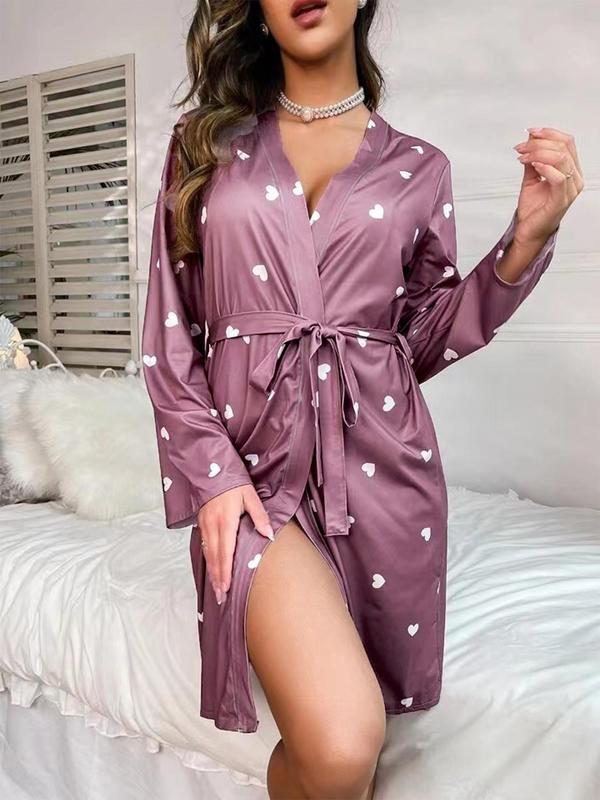 Women's Heart Print Belted Wrap Robe, Casual Long Sleeve V Neck Loungewear Robe, Ladies Night Robe for Daily Wear
