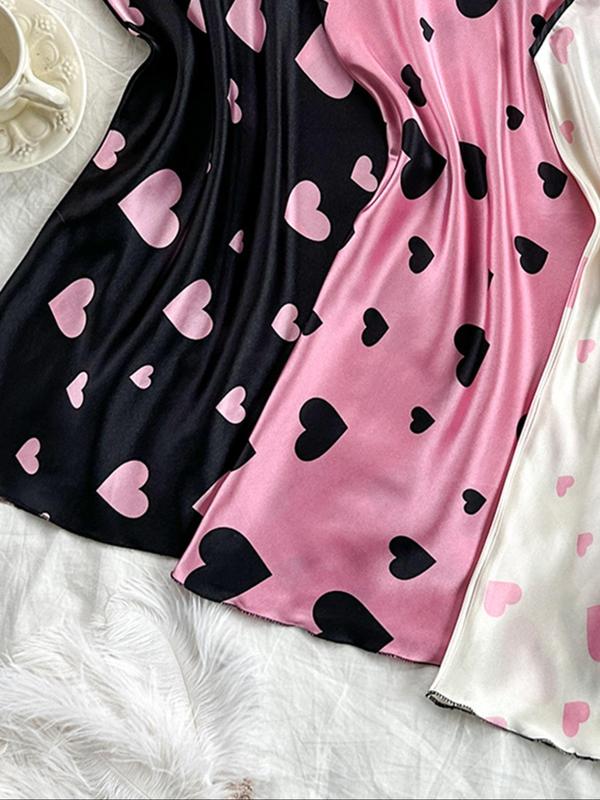 Women's Heart Print Contrast Binding Cami Nightdress, Casual Soft Comfortable Adjustable Spaghetti Strap Nightgown, Dresses for Women, Ladies Sleepwear for All Seasons