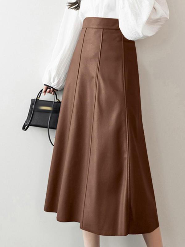 Women's Solid  Pu Leather Skirt, Fashion Casual A Line Midi Skirt for Daily Outdoor Wear, Women's Bottoms for Fall & Winter