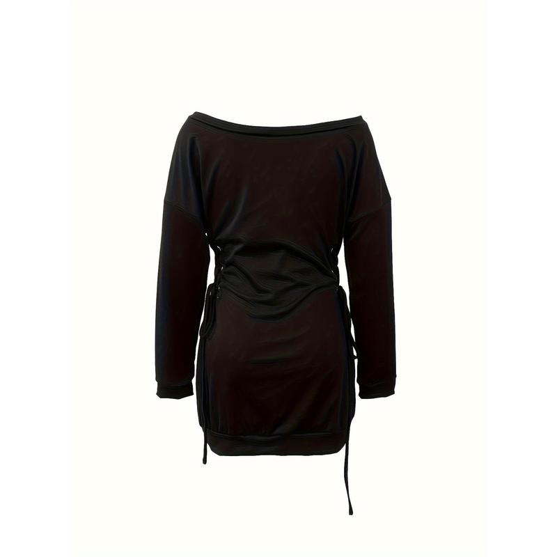 Off-Shoulder Drawstring Mini Dress, Long Sleeve Casual Women's Dress