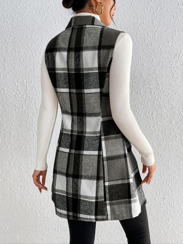 Women's Plaid Print Button Front Lapel Vest Blazer without Sweater, Casual Sleeveless Outerwear for Spring & Fall, Ladies Clothes for Daily Wear
