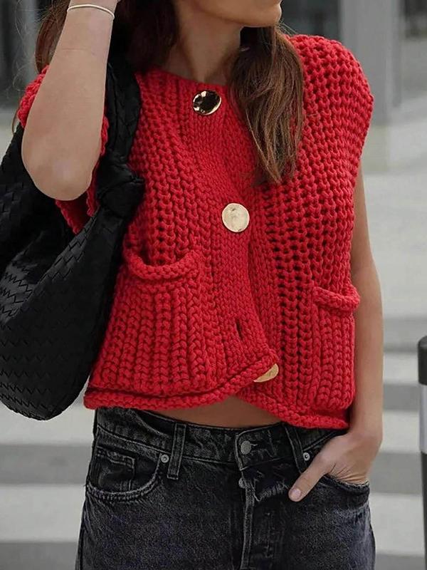 Women's Plain Button Front Pocket Sweater Vest, Casual Sleeveless Round Neck Knitwear for Fall & Winter, Fashion Ladies' Knit Clothing for Daily Wear
