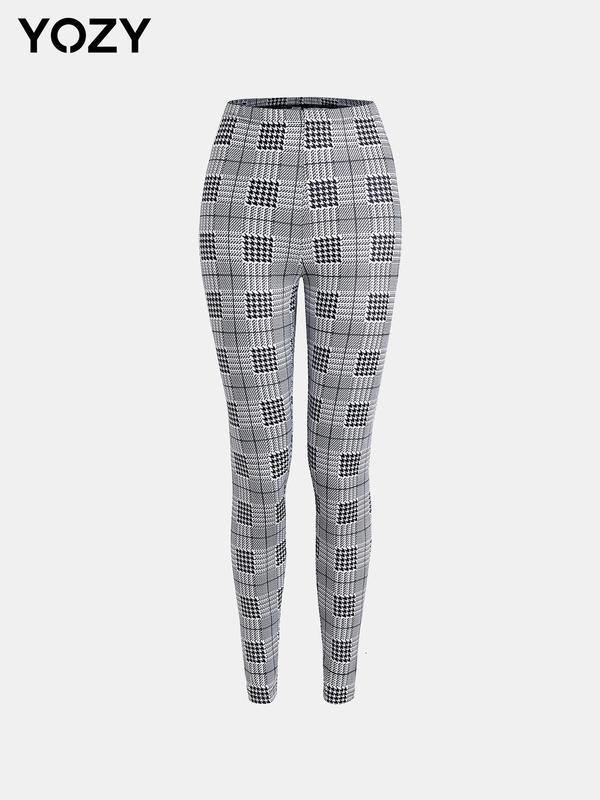 YOZY Women's Houndstooth & Plaid Print Elastic Waist Leggings, Casual Comfy Skinny Pants for Daily Wear, Ladies Bottoms for All Seasons