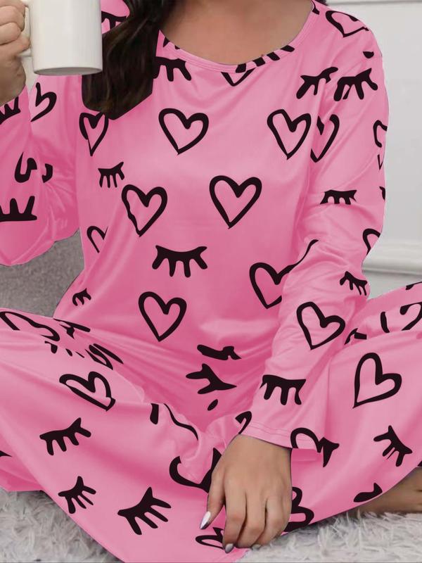 Two-piece Set Plus Size Heart Print Pajama Set Women, Round Neck Long Sleeve Tee & Elastic Waist Pants Lounge Set, Comfortable Loungewear, Pj Sets for Women, Soft Homewear for Spring & Fall
