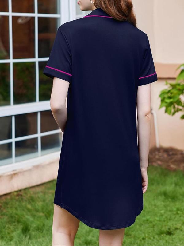 Women's Contrast Binding Button Front Pocket Pajama Dress, Casual Short Sleeve Lapel Nightdress for All Seasons, Ladies Sleepwear for Indoor Wear
