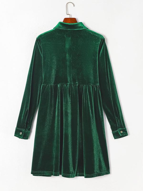 Women's Plain Button Front Collar Velvet Shirt Dress, Casual Long Sleeve Short Dress for Spring & Fall, Women's Casual Wear Clothes for Daily