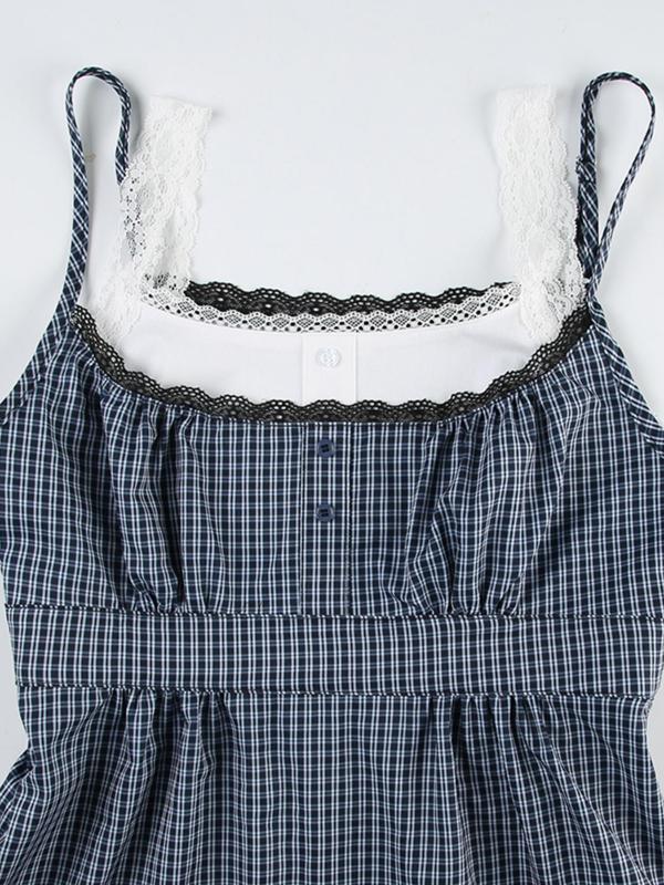 Women's Plaid Print Contrast Lace Fake Buttons Ruffle Hem Tank Top, Street Fashion Casual 2 in 1 Tank Top for Daily Outdoor Wear, Ladies Clothes for Summer