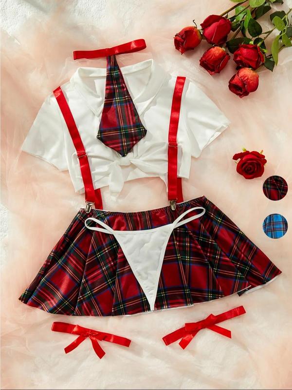  Tartan Print Crop Top & Thong & Bow Tie & Overall Dress & Thigh Ring Set, Sexy Adjustable Strap Lapel Neck Tie Front Lingerie Set, Women's Underwear Set