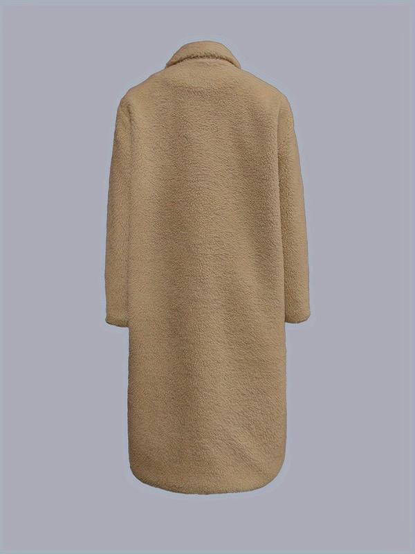 Women's Solid Color Button Front Lapel Neck Plush Coat, Elegant Pocket Long Sleeve Fuzzy Outerwear for Fall & Winter, Women's Clothing for Daily Wear