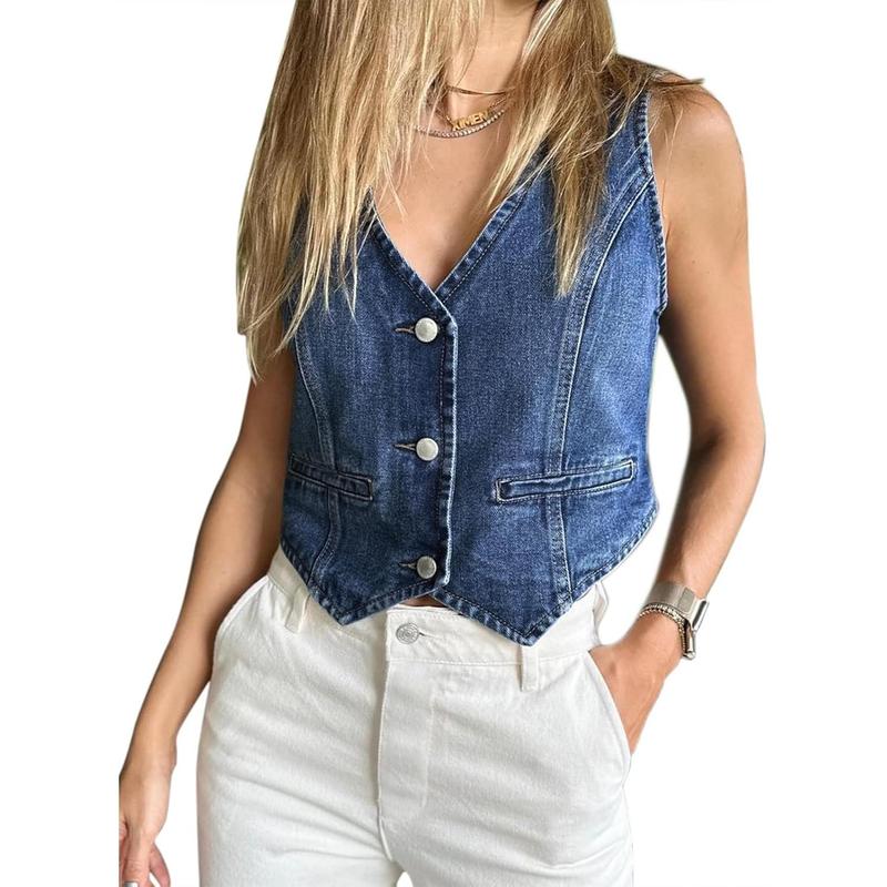 Goranbon Womens Denim Vest Sleeveless V Neck Button Down Jean Waistcoat Jacket Y2K Summer Crop Tops