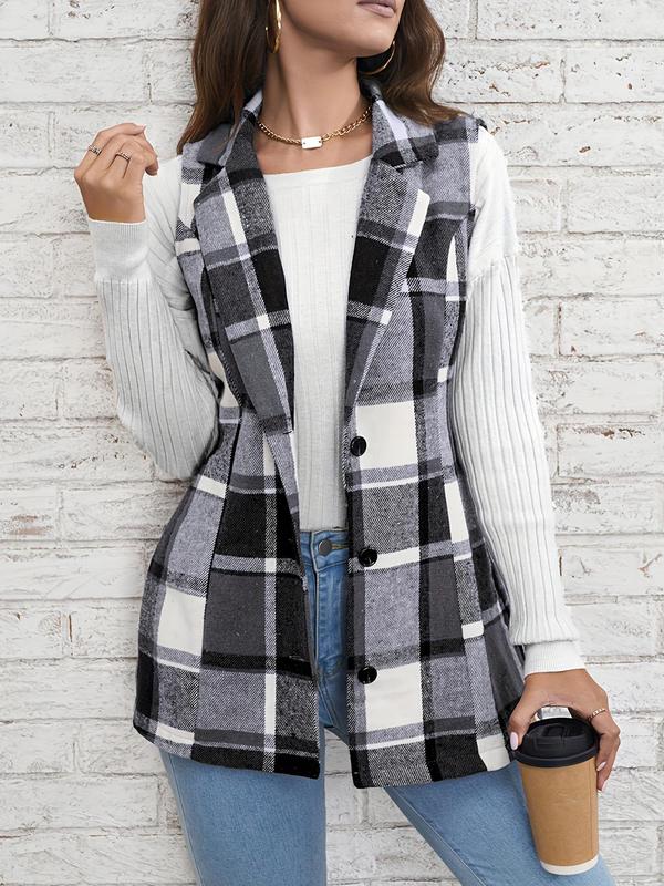 Women's Plaid Print Button Front Vest Blazer, Casual Pocket Lapel Sleeveless Outerwear for Spring & Fall, Ladies Clothes for Daily Wear
