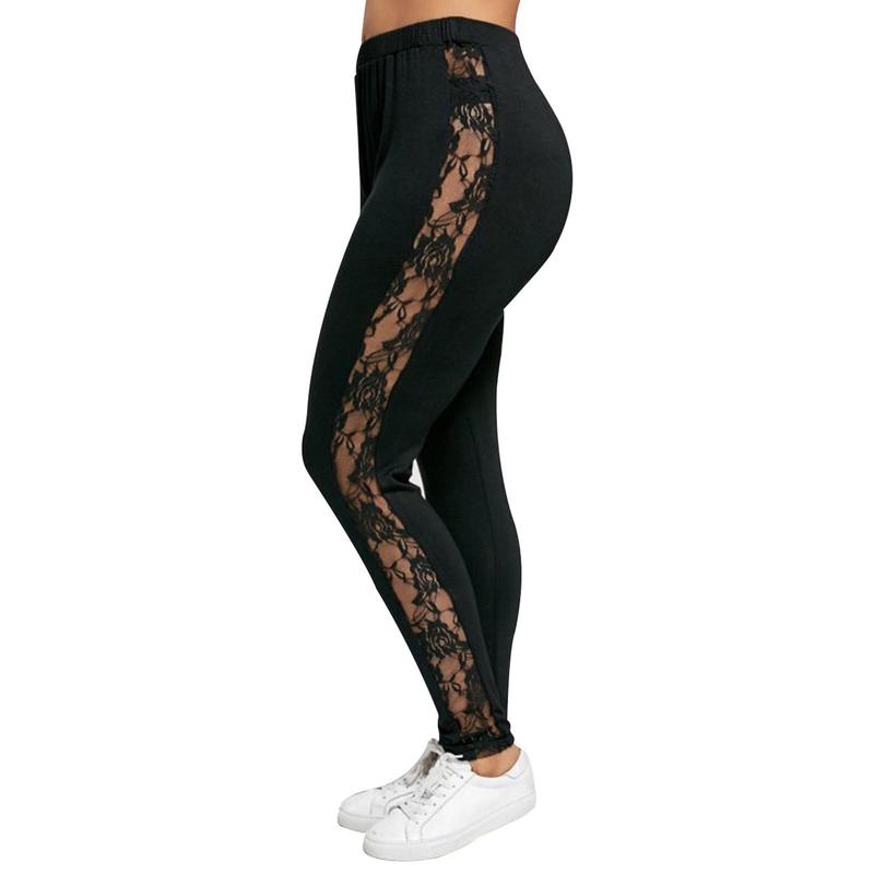 Women Ladies Girls Plus Size Female Holllow Off Lace Leggings, Sexy High Waist Bandage Pants Black Lace Splicing Bottoms for Indoor or Outdoor Sports