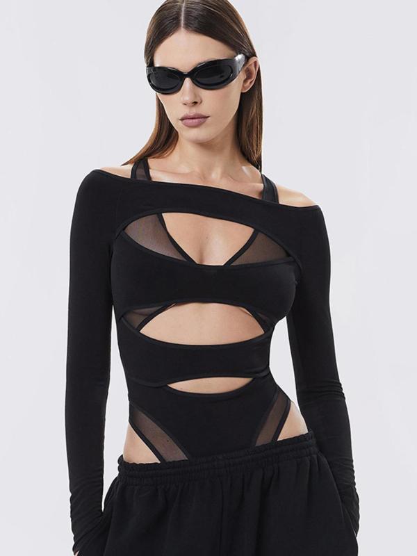 Women's Cut Out Sheer Tulle Bodysuit, Fashion Long Sleeve Bodysuit for Nightclub Music Festival, Women's Clothing for Fall