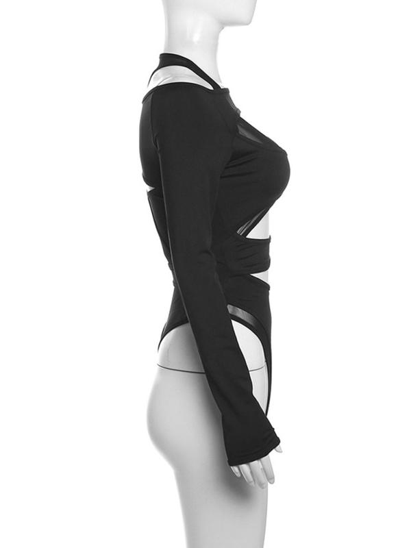 Women's Cut Out Sheer Tulle Bodysuit, Fashion Long Sleeve Bodysuit for Nightclub Music Festival, Women's Clothing for Fall