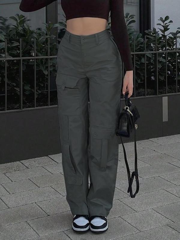 Women's Plain High Waist Flap Pocket Cargo Pants, Street Straight Leg Trousers, Pants for Women, Ladies Summer Bottoms for Daily Wear