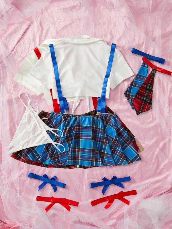  Tartan Print Crop Top & Thong & Bow Tie & Overall Dress & Thigh Ring Set, Sexy Adjustable Strap Lapel Neck Tie Front Lingerie Set, Women's Underwear Set