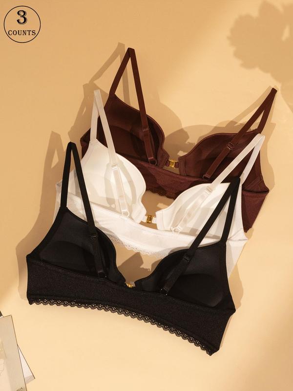 Women's Solid Color Contrast Lace Push Up Bra, Casual Comfortable Breathable Adjustable Strap Underwire Bra, Lingerie for All Seasons