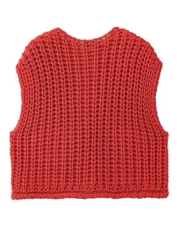 Women's Plain Button Front Pocket Sweater Vest, Casual Sleeveless Round Neck Knitwear for Fall & Winter, Fashion Ladies' Knit Clothing for Daily Wear