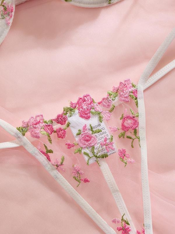 Women's Floral Embroidery Mesh Sexy Lingerie Set, Adjustable Strap Bra & Sheer Thong Set for All Seasons, Fashion Comfy Women's Sexy Lingerie Set for Daily Wear