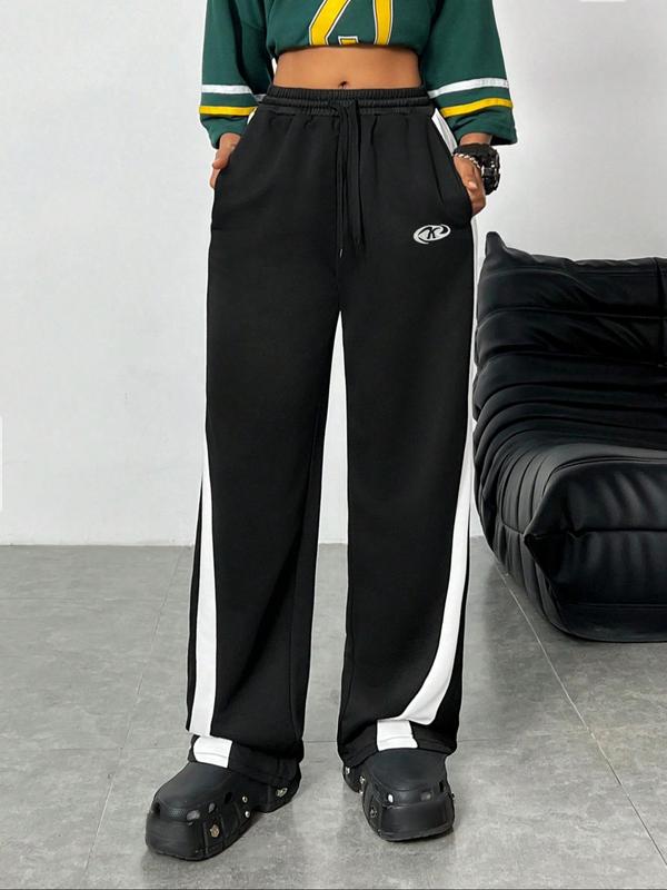 Women's Colorblock Side Stripe Drawstring Waist Straight Leg Pants, Casual Pocket Trousers for Daily Wear, Ladies Bottoms for Fall & Winter,  Comfy Pants